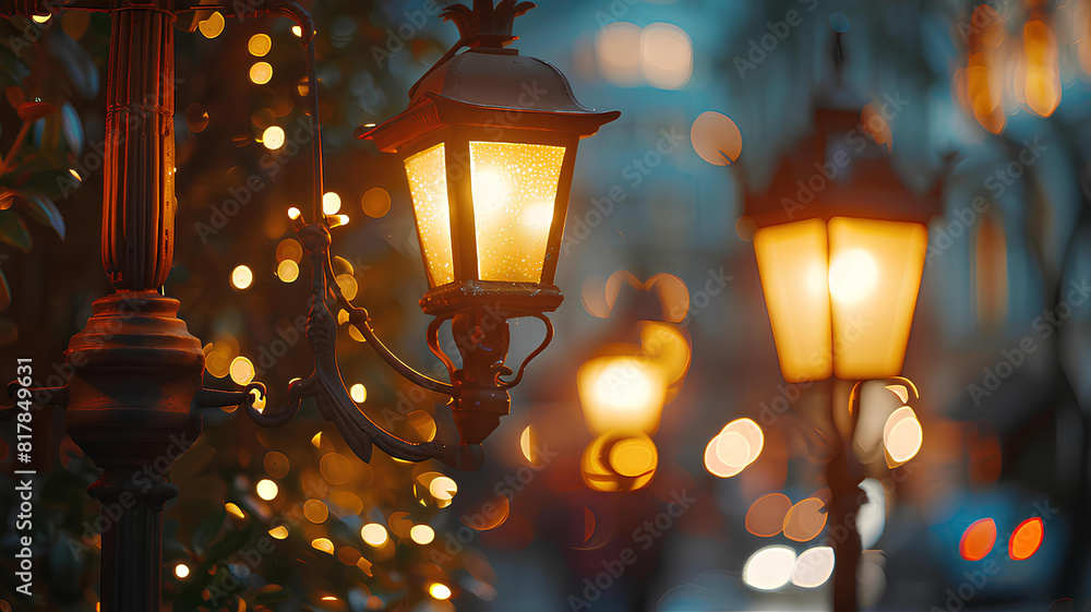 close up of street glowing red lamp lanterns, blurred city background close up of street glowing red lamp lanterns, blurred city background