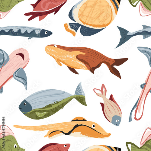 Beautiful sea fish, sea world. Seamless pattern for prints. Vector illustration in flat modern style.