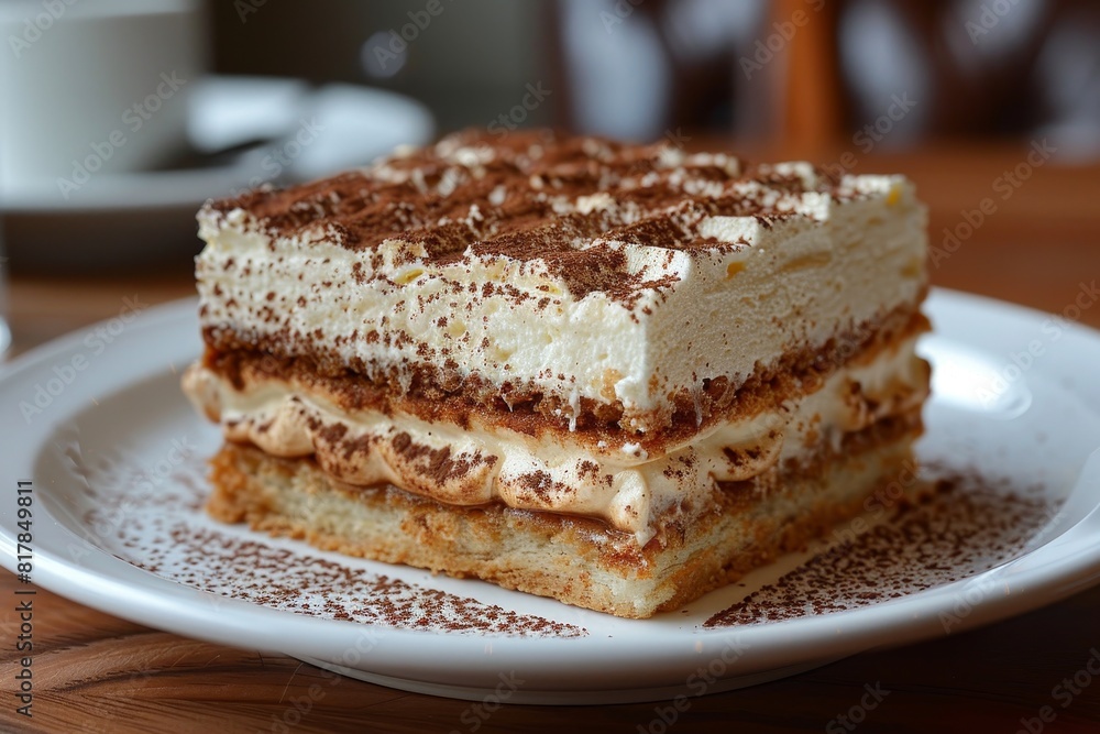 Tiramisu: A slice of tiramisu with distinct layers of coffee-soaked ladyfingers and mascarpone cream, dusted with cocoa powder. Tiramisu: A slice of tiramisu with distinct layers of coffee-soaked ladyfingers and mascarpone cream, dusted with cocoa powder.