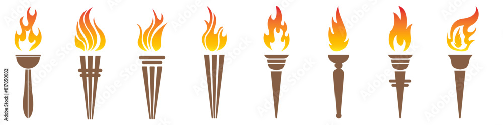 Fire torch icon set vector. Flame symbol with holding stick. Victory, success or achievement sign.