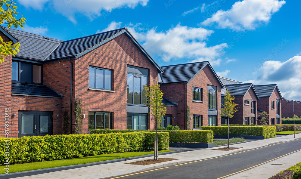 Photograph of modern brick houses in the United Kingdom, built on a street with green hedges and a blue sky background. UK residential real estate. Photograph of modern brick houses in the United Kingdom, built on a street with green hedges and a blue sky background. UK residential real estate.