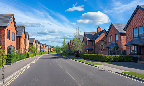 Photograph of modern brick houses in the United Kingdom, built on a street with green hedges and a blue sky background. UK residential real estate.