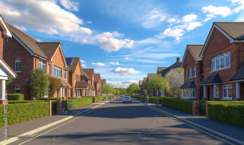 Photograph of modern brick houses in the United Kingdom, built on a street with green hedges and a blue sky background. UK residential real estate.