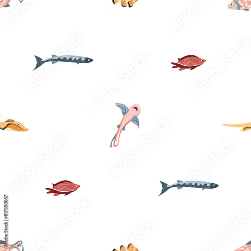 Beautiful sea fish, sea world. Seamless pattern for prints. Vector illustration in flat modern style.