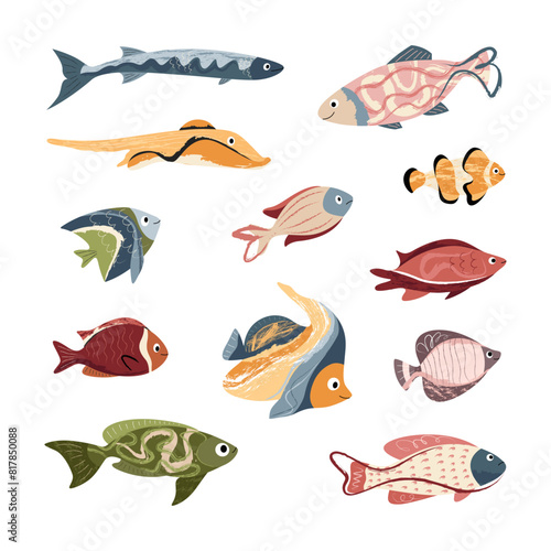 Beautiful tropical sea fish. Fish template for logo, print, notepad, poster, banner. Vector illustration in modern flat style.
