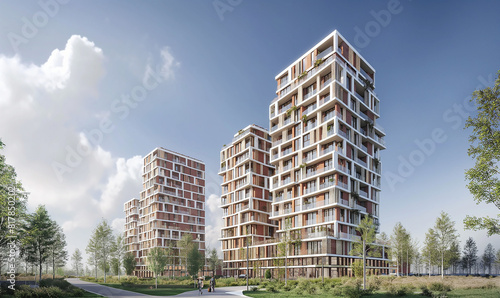 3d rendering of Modern apartment buildings in the city with brick facades and wooden accents. There is greenery on some balconies, creating an urban landscape with contemporary architecture 