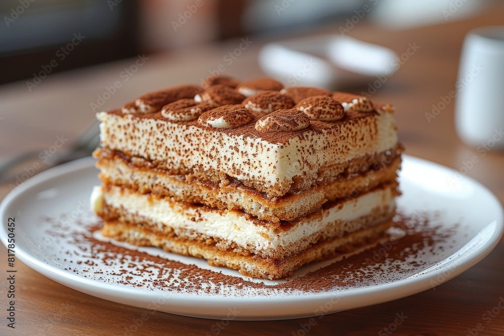 Tiramisu: A slice of tiramisu with distinct layers of coffee-soaked ladyfingers and mascarpone cream, dusted with cocoa powder. Tiramisu: A slice of tiramisu with distinct layers of coffee-soaked ladyfingers and mascarpone cream, dusted with cocoa powder.