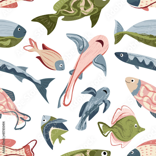 Beautiful sea fish, sea world. Seamless pattern for prints. Vector illustration in flat modern style.