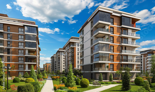 3d rendering of Modern apartment buildings with wooden cladding and brick facades, in the background blue sky with clouds