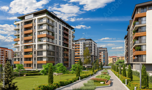 3d rendering of Modern apartment buildings with wooden cladding and brick facades, in the background blue sky with clouds