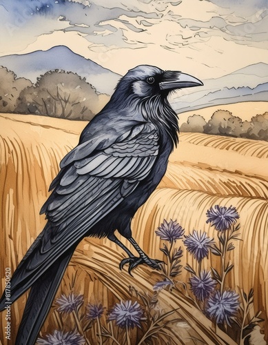 Corbeau dans les champs, gravure, noir et blanc et aquarelle photo