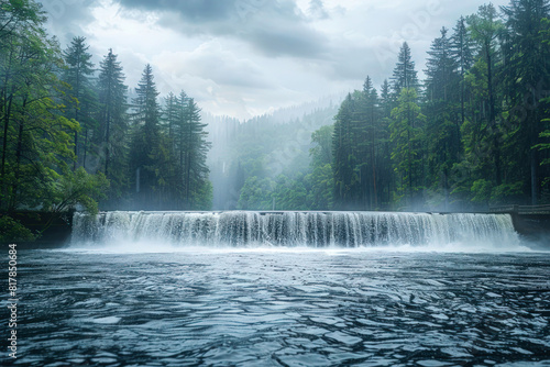 A hydroelectric dam at full capacity, water cascading down spillways, surrounded by lush forest, the power and beauty of combining nature with technology. photo