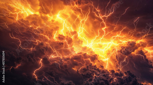 Infernal Skies: Electrifying Storm Clouds Radiating Fiery Lightning