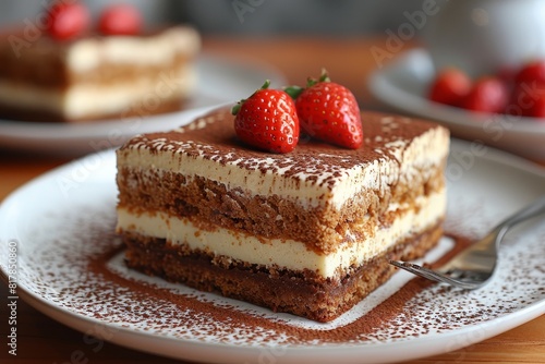 Tiramisu  A slice of tiramisu with distinct layers of coffee-soaked ladyfingers and mascarpone cream  dusted with cocoa powder. 