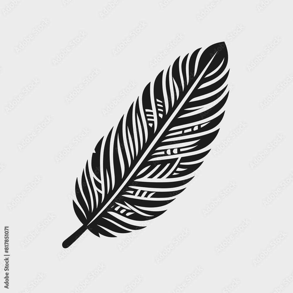 icon of black feathers isolated  on square  background, black and white, vector style