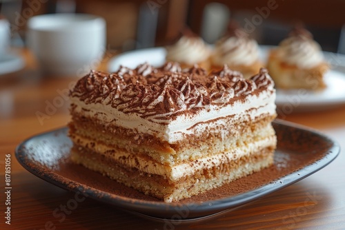 Wallpaper Mural Tiramisu: A slice of tiramisu with distinct layers of coffee-soaked ladyfingers and mascarpone cream, dusted with cocoa powder.  Torontodigital.ca