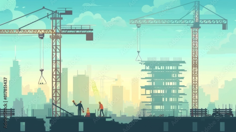 Engineer workers on background of construction cranes on background. Engineer workers on background of construction cranes on background.