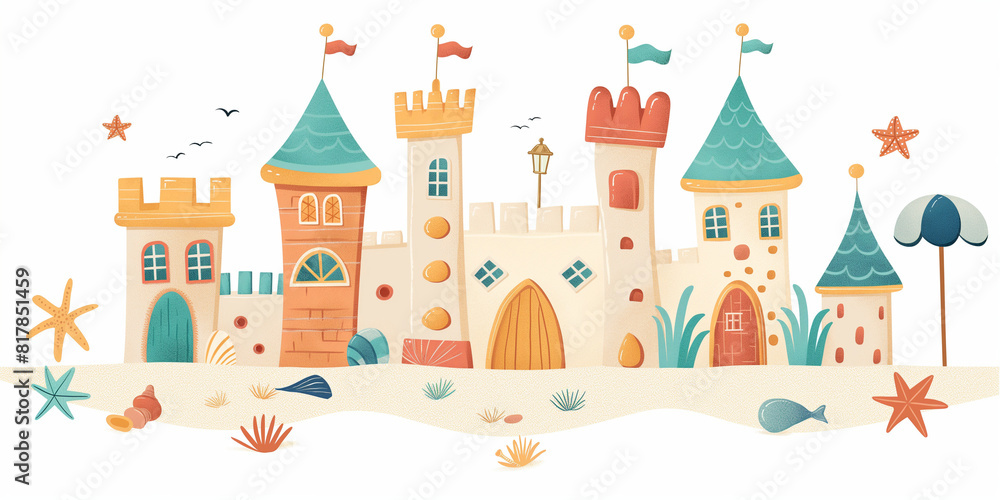 Colorful Sandcastle Illustration on Beach with Seashells and Starfish Colorful Sandcastle Illustration on Beach with Seashells and Starfish