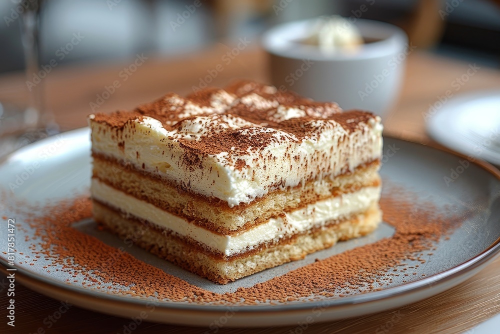 Tiramisu: A slice of tiramisu with distinct layers of coffee-soaked ladyfingers and mascarpone cream, dusted with cocoa powder. Tiramisu: A slice of tiramisu with distinct layers of coffee-soaked ladyfingers and mascarpone cream, dusted with cocoa powder.