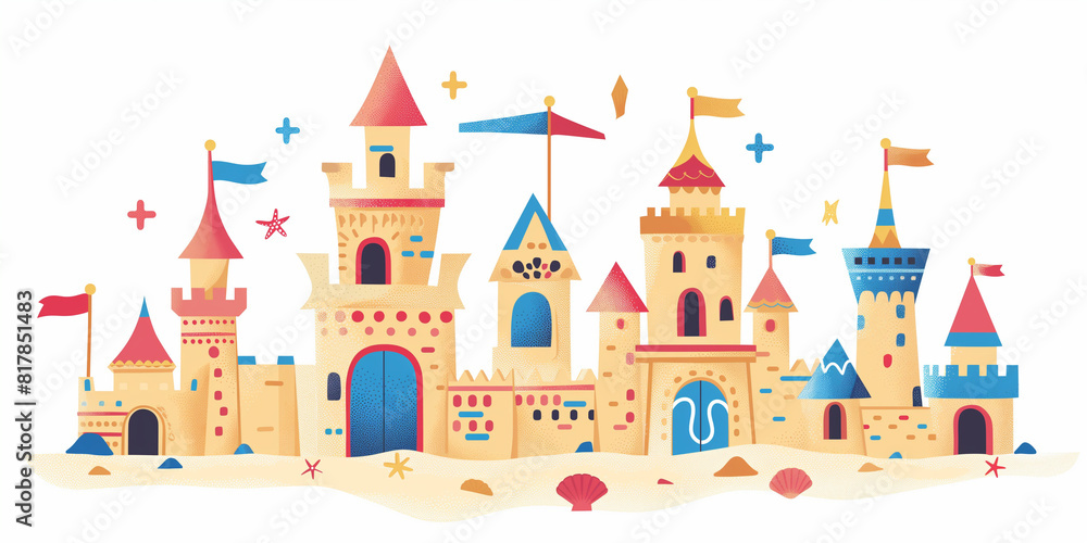 Colorful Sandcastle Illustration on Beach with Seashells and Starfish Colorful Sandcastle Illustration on Beach with Seashells and Starfish