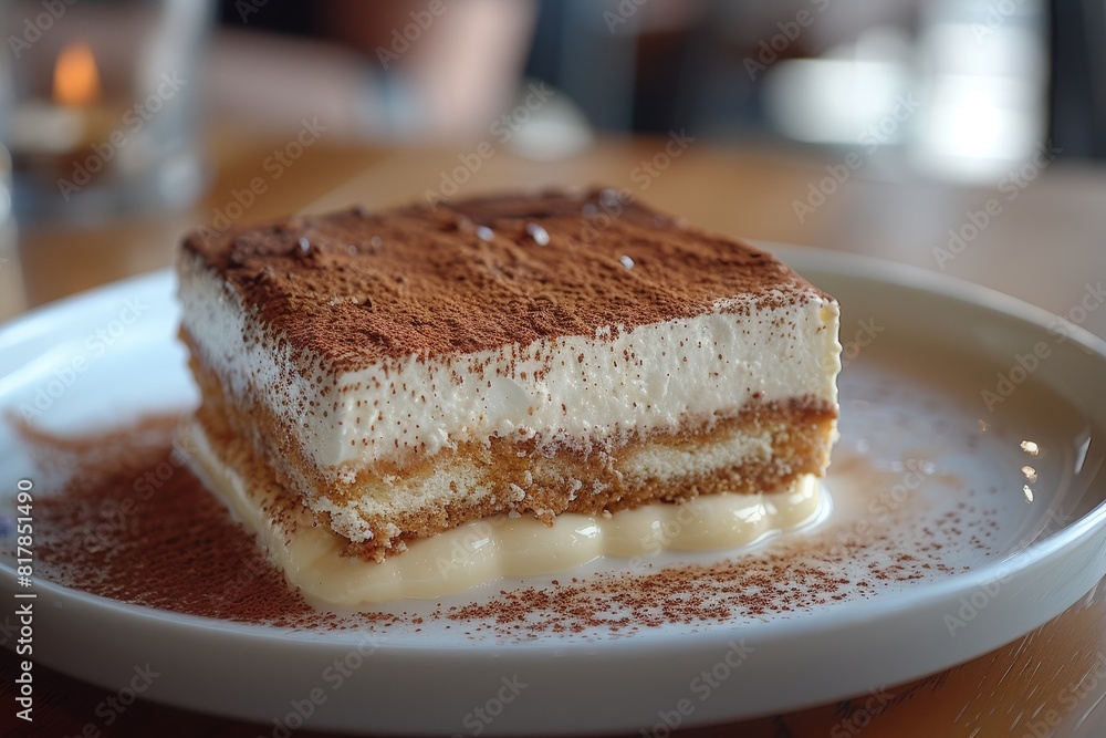 Tiramisu: A slice of tiramisu with distinct layers of coffee-soaked ladyfingers and mascarpone cream, dusted with cocoa powder. Tiramisu: A slice of tiramisu with distinct layers of coffee-soaked ladyfingers and mascarpone cream, dusted with cocoa powder.