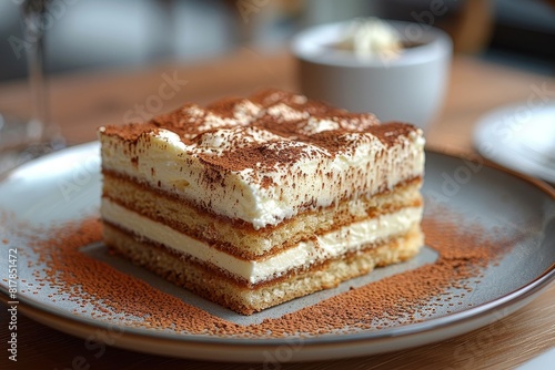 Wallpaper Mural Tiramisu: A slice of tiramisu with distinct layers of coffee-soaked ladyfingers and mascarpone cream, dusted with cocoa powder.  Torontodigital.ca