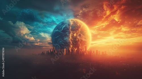 Highlighting climate crisis. A cracked Earth hovers above a city split by fiery orange and cool blue skies, representing the dire effects of climate change on our planets future