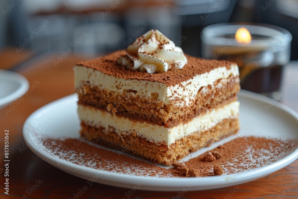 Tiramisu: A slice of tiramisu with distinct layers of coffee-soaked ladyfingers and mascarpone cream, dusted with cocoa powder. Tiramisu: A slice of tiramisu with distinct layers of coffee-soaked ladyfingers and mascarpone cream, dusted with cocoa powder.