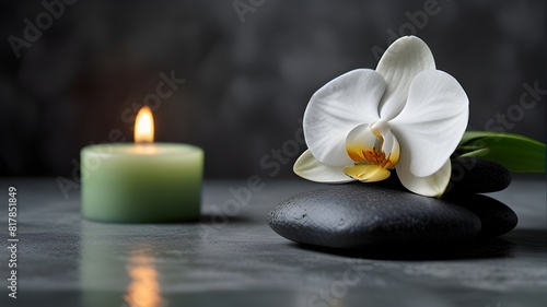 spa stones and orchid Zen stones  candles  and a white orchid blossom on a background of green and grey with copy space  bodycare  massage  spa  and wellness concepts