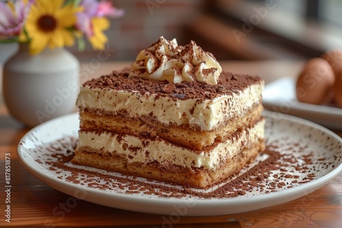 Wallpaper Mural Tiramisu: A slice of tiramisu with distinct layers of coffee-soaked ladyfingers and mascarpone cream, dusted with cocoa powder.  Torontodigital.ca