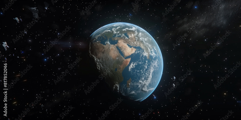 Fototapeta premium Earths call to action. The Earth, surrounded by the vastness of space, shines brightly as a reminder of the urgent need for environmental protection and sustainable practices