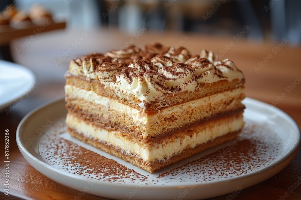 Tiramisu: A slice of tiramisu with distinct layers of coffee-soaked ladyfingers and mascarpone cream, dusted with cocoa powder. Tiramisu: A slice of tiramisu with distinct layers of coffee-soaked ladyfingers and mascarpone cream, dusted with cocoa powder.