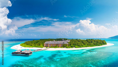 Beautiful tropical Maldives resort hotel and island with beach and sea on sky for holiday vacation