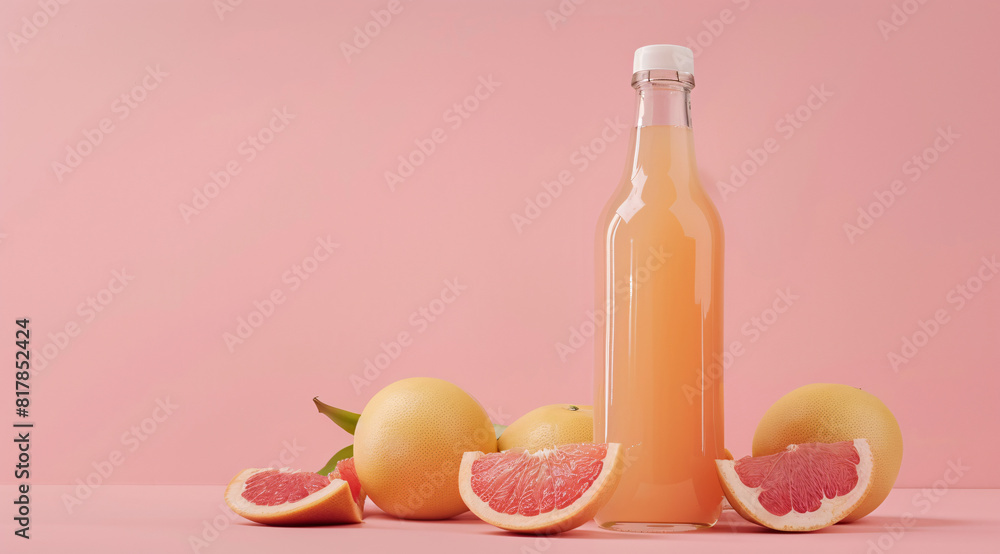 a bottle of colorful Fruit juice against a solid color background a bottle of colorful Fruit juice against a solid color background
