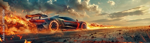 Design an imaginative composition merging dystopian landscapes with revolutionary automotive concepts, employing unique camera angles for a visually striking image photo