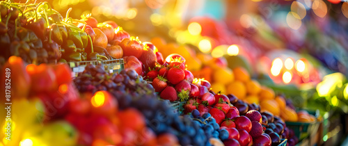 A vibrant market stall filled with fresh strawberries, assorted peppers, and various colorful fruits illuminated by sunlight.