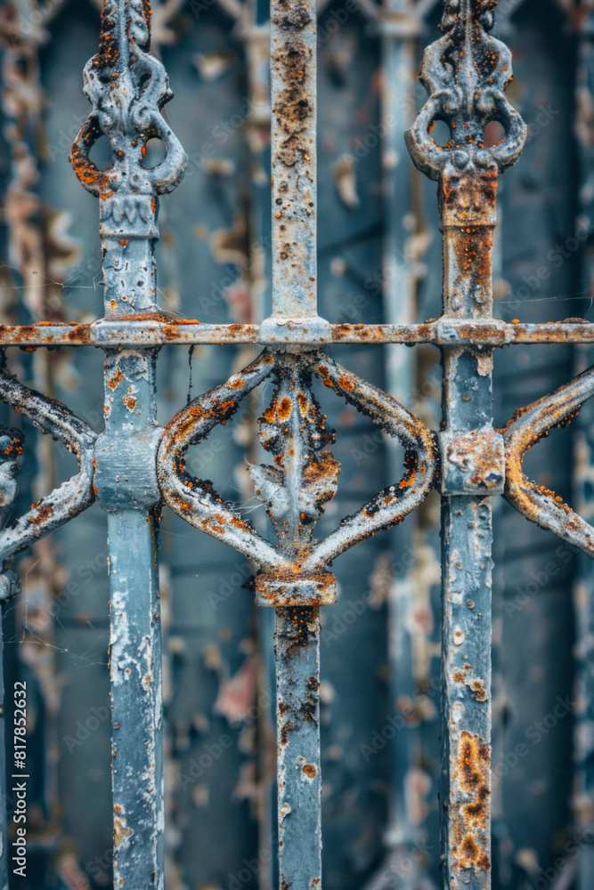 A close-up of a weathered metal gate, with rust and patina adding texture and character. A close-up of a weathered metal gate, with rust and patina adding texture and character.