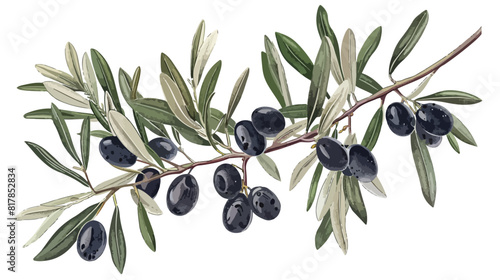 Detailed botanical drawing of olive tree branch with