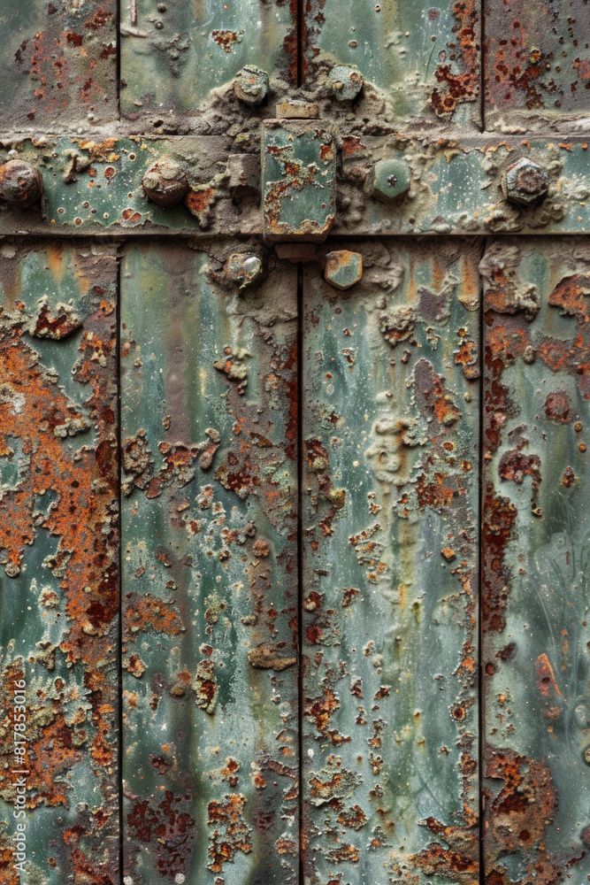 A close-up of a weathered metal gate, with rust and patina adding texture and character. 