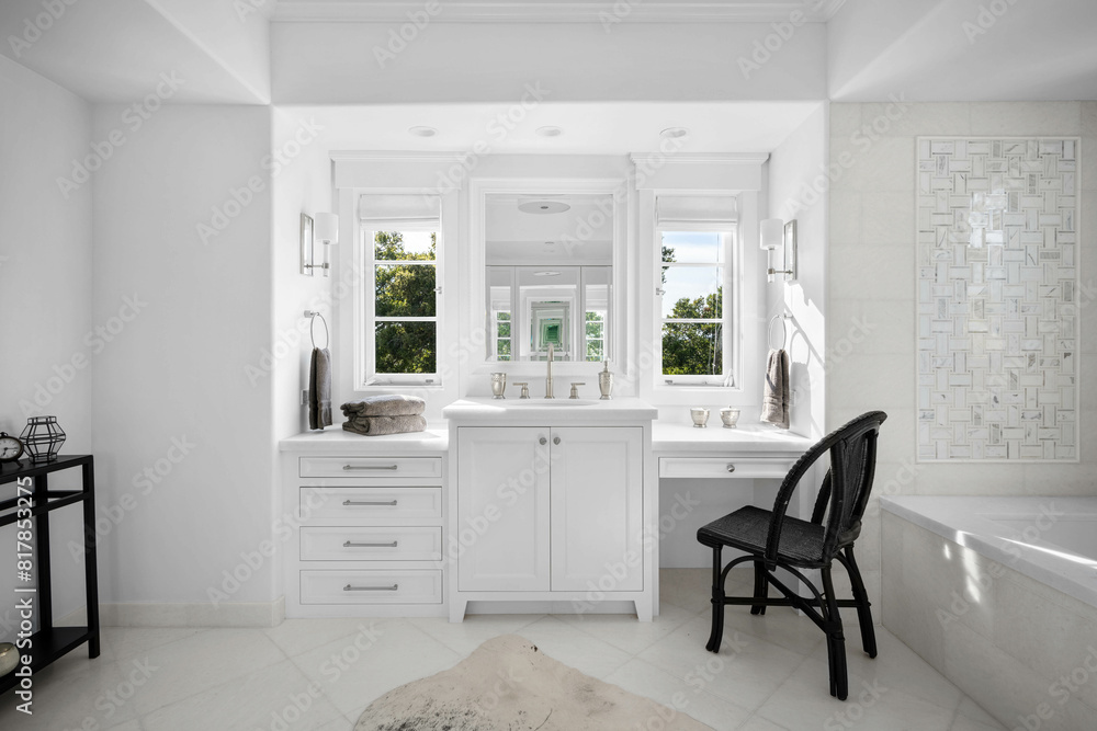 Fototapeta premium this is an empty white bathroom with a chair and vanity