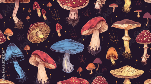 Different inedible mushrooms seamless pattern. Hand d photo