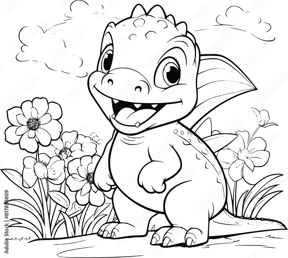 Fototapeta premium Dinosaur With A Flower Coloring Page For Kids