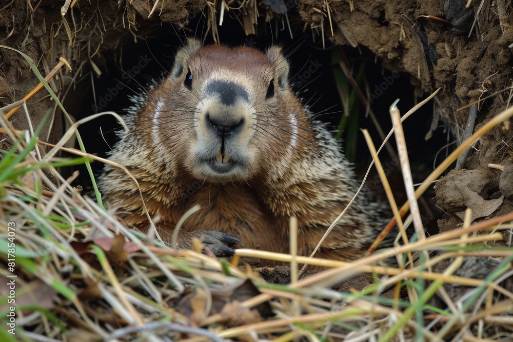 Close-up of a groundhog emerging from its burrow, surrounded by grass and soil. The animal is staring directly at the camera. Close-up of a groundhog emerging from its burrow, surrounded by grass and soil. The animal is staring directly at the camera.