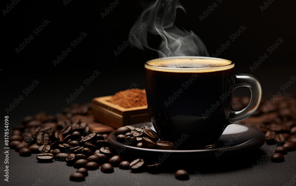 Black coffee banner. Cup of coffee and coffee beans. Blank space to add label, text, logo. Mockup template. Ai generative Black coffee banner. Cup of coffee and coffee beans. Blank space to add label, text, logo. Mockup template. Ai generative