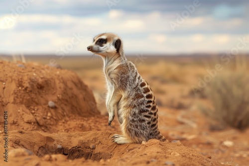 A meerkat standing alertly on its hind legs next to a burrow in a desert landscape with soft, cloudy skies in the background. photo