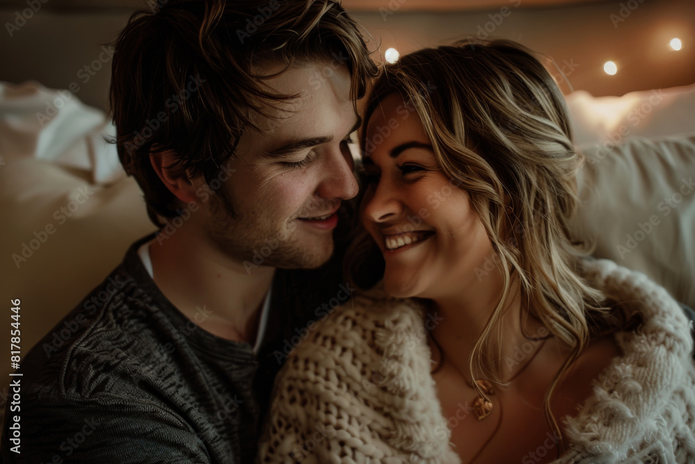 A couple is cuddling and smiling in bed. The man is wearing a gray shirt and the woman is wearing a white sweater A couple is cuddling and smiling in bed. The man is wearing a gray shirt and the woman is wearing a white sweater