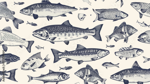 Elegant seamless pattern with different types of fish
