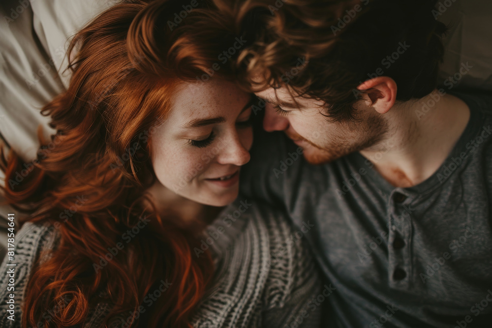 A couple is cuddling and smiling at the camera. The man is wearing a gray shirt with a button on the front. The woman has red hair and is wearing a gray sweater. Scene is warm and affectionate A couple is cuddling and smiling at the camera. The man is wearing a gray shirt with a button on the front. The woman has red hair and is wearing a gray sweater. Scene is warm and affectionate