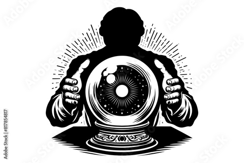 Silhouette of a Fortune teller looking through a crystal ball. Vector illustration