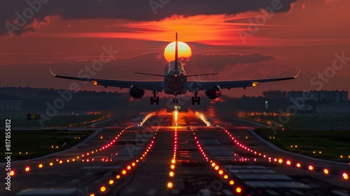 jet plane flying take off from runway on sunset